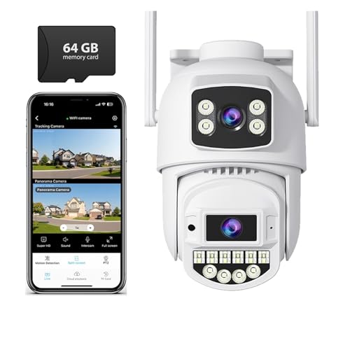 BINGNU Cámaras de Seguridad, Cámara de Seguridad Exterior 8 MP con WiFi, Tres Lentes y Pantallas, visión Nocturna detección Humana para el hogar(8MP Add 64G Card)