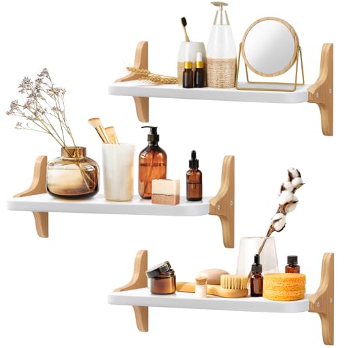 omedecal Etagere Murale, Étagère Murale Cuisine Salle de Bain Bois de Pin 40cm Lot de 3, Idéales pour Salon, Chambre à Coucher, Chambre - Blanc & Naturel