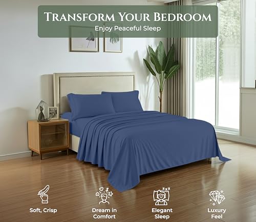 Image of ROYALE LINENS 100% Organic Cotton King Sheet Set - 16 inch Deep Pocket Bed Sheets - Eco Friendly Navy Bed Sheets - Sabanas King - 1 Flat, 1 Fitted & 2 Pillowcases - Navy Sheet Set - Cotton Bedding Sets