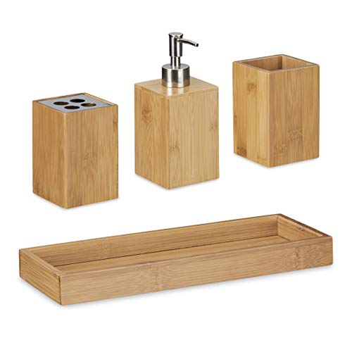 Set de baño de bambú con dispensador de jabón y porta cepillos de dientes de 4 piezas 6