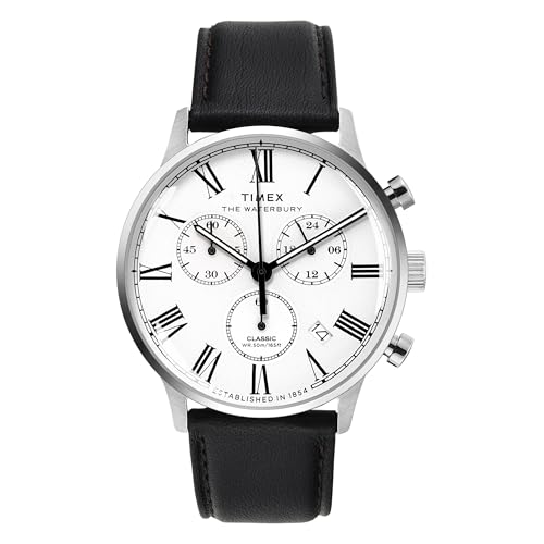 TIMEX Waterbury Classic Analog Watch for Man with White Round Dial & Black Leather Strap Band Water Resistant Men's Wrist Watches - TWEG26600