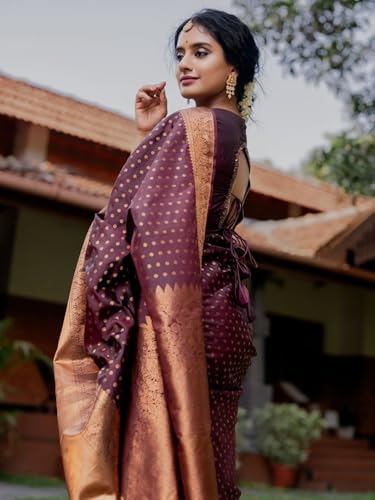 Image of Sugathari Women's Maroon Banarasi Kanchipuram Art Silk Saree for Women - Traditional Wedding & Party Saree with Blouse Piece - Ethnic Indian Silk Saree for Bridal, Festive (KS-156)