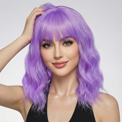Image of Pastel Purple Wavy Bob Wig for Women, Short Shoulder Length Synthetic Wig with Bangs, Natural Looking Lightweight Hairpiece for Daily Wear & Cosplay Costume Party