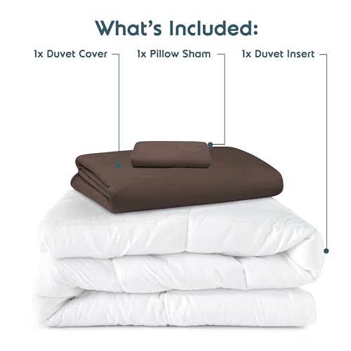 Nestl Twin Duvet Cover Set with Comforter Insert - Chocolate Brown 3 Piece 68x90 Duvet Cover & 1 Pillow Sham with White Quilted Down Alternative Comforter, Ultra Soft, All Season