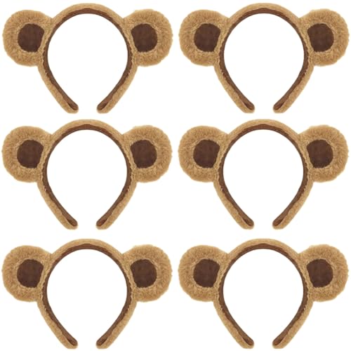 HIPIHOM 6Pcs Bear Ears Headbands Brown Plush Bear Ears Headband Cute Animal Ears Headband for Halloween Christmas Birthday Costume Party Decoration