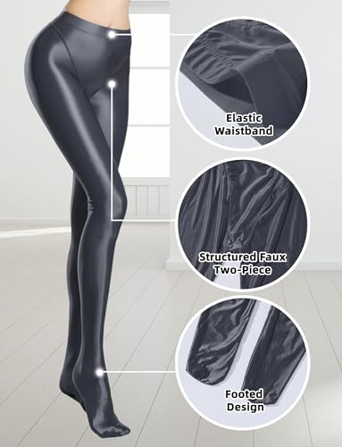 Image of FEOYA Women's Open Crotch Oil Shiny Pantyhose High Waist Control Top Silky Oily Crotchless Footed Tights Stockings