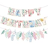 Wildflower Happy Birthday Banner Wildflower Birthday Decorations No DIY Floral Flower Theme Birthday Banner for Girls Women Birthday Decor (Pre-strung)