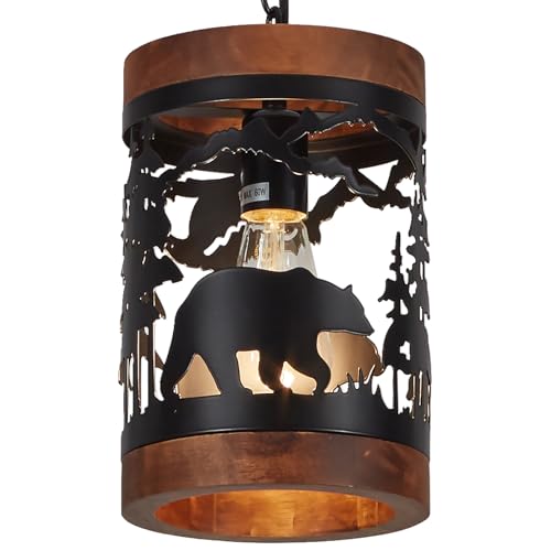 Rustic Bear Pendant Light, 1-Light Farmhouse Wood and Metal Cage