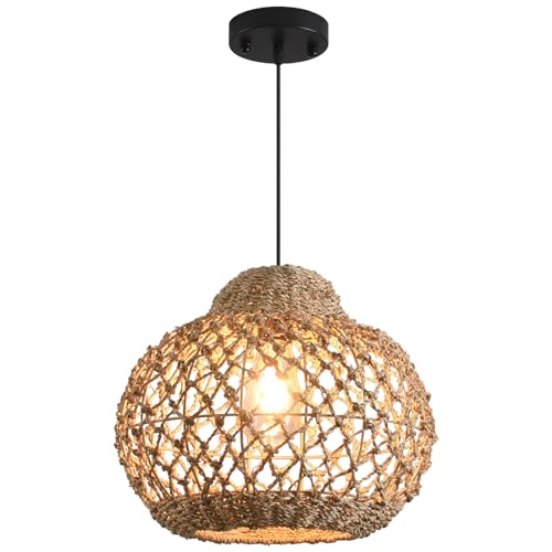 Sicddde Rattan Pendant Light, Rattan Basket Light Fixtures Ceiling Hanging Boho Chandelier, 13.4" Woven Bamboo Rattan Hanging Lamp for Kitchen Island Hallway Bedroom Dinning Room -  MK401-1