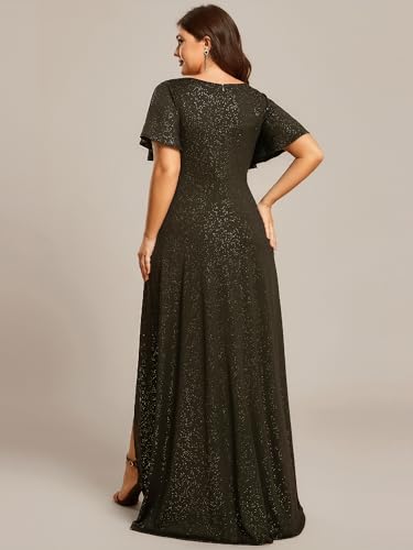 Image of Ever-Pretty Womens Glitter High Low Plus Size Cocktail Wedding Guest Dress | V-Neck, Ruffle Sleeve, High Stretch, A-Line, Front Slit, Plus Size Formal Dresses Evening Gowns
