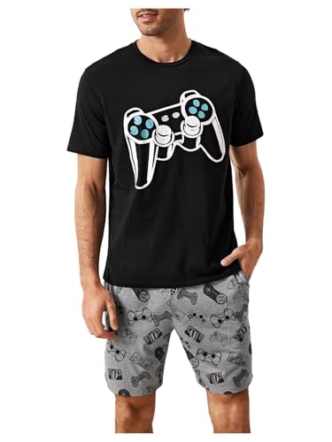 Image of Verdusa Men's Pajamas Set 2 Piece Pjs Sets Short Sleeve Letter Print Tee and Short Lounge Set
