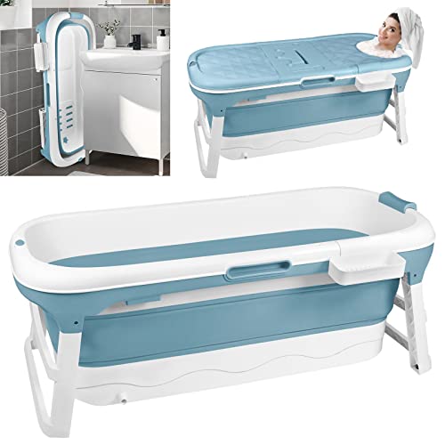 Yunvin Foldable Bathtub 128 x 62 x 52 cm Mobile Bathtub Adult with Cover Soap Basket & Massage Rollers Portable Soaking Bath Tub for Bathroom Travel