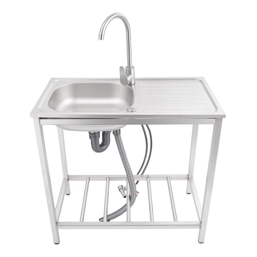 Fregadero independiente para exteriores, 75 x 40 x 75 cm, lavabo de acero inoxidable con banco de trabajo y estante de almacenamiento, grifo giratorio 360°, capacidad de carga de 40 kg