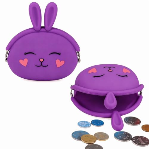 Image of FunBlast Cute Bunny Shape Silicone Coin Purse for Kids & Adults - Mini Pouch for Coins, Earphones, Keys & Small Essentials, Aesthetic Pouches for Girls & Women - 12 X 9.5 X 3 Cm (Bunny-Purple)