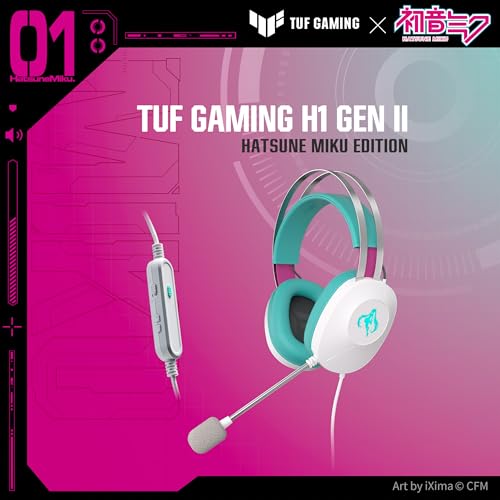 Image of ASUS TUF Gaming H1 Gen II Hatsune Miku Edition Wired USB Gaming Headset with Mic - 40mm Drivers, Virtual 7.1 Surround Sound, TeamSpeak-Certified Mic, Removeable Ear Cushions, for PC, PS5 - Aqua