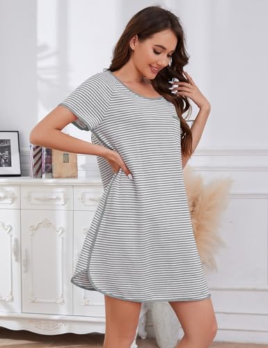 Image of VibeVista Cotton Nightgowns for Women Summers Striped House Dresses Short Sleeve Crew Neck Sleepwear Sleepshirts Sleep Dress