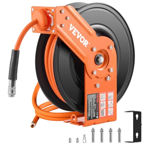 VEVOR Carrete de Manguera de Aire Retráctil 4 Piezas Manguera de Aire Híbrida 3/8' 15,24 m Máxima 300 PSI Carrete de Brazo Único Resistente para Montaje en Techo o Pared Soporte Giratorio de 180°