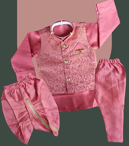 Image of Little Kids Ethnic Wear Kurta Pyjama and Waistcoat Set For Boys | Stylish Ethnic Wear | 3-piece set | Silk and Cotton Blend Fabric