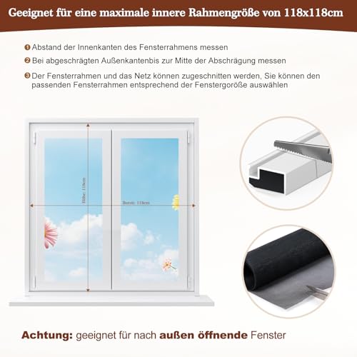Yotache 2 sets Fliegengitter Fenster mit Rahmen Fliegenschutz 118x118cm Fenster Fliegengitter mit Alurahmen, Schneidbar, Bausatz zur Selbstmontage (Silberner Rahmen)