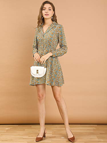 Allegra K Women's Mini Floral Dresses Fit and Flare Long Sleeve Camp Collar Button Down Shirt Dress Medium Blue