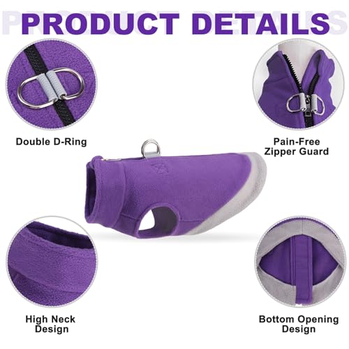 Image of Mihachi Dog Fleece Vest Sweater Zip Up Warm Pullover Step-in Dog Jacket with Dual D-Ring Leash, Winter Cold Weather Reflective Coat Clothes Hoodie for Small Medium Dogs Puppy Cat Boy Girl, Purple XL