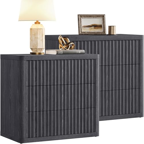 SICOTAS Night Stand Set 2 - Oversized Extra Large Bedside Table Modern Side Table with Storage Fluted 3 Drawer Nightstand 27.5" W End Tables Living Room Nightstands for Bedroom Sofa Couch Home Office