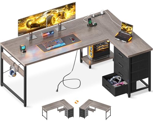 AODK L Shaped Desk with 4 Tier Drawers, 61' Reversible Gaming Desk with Power Outlets, L Shaped Computer Desk with USB Charging Port and Host Stand, Home Office Corner Desk, Easy to Assemble, Grey Oak