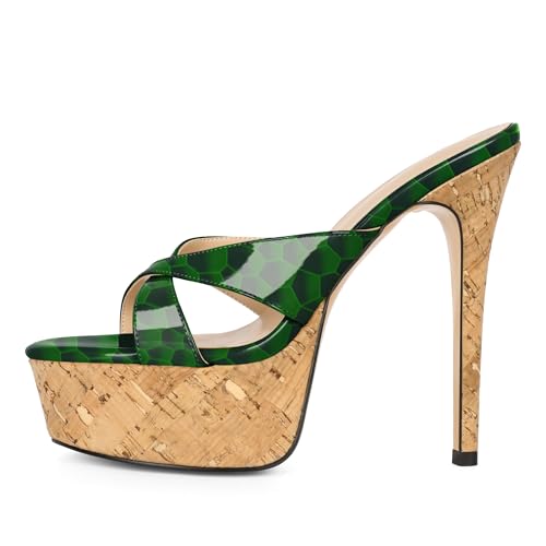 Image of Esvowido Heeled Mules for Women Cork Platform Stiletto Heels Slip on Open Toe High Heeled Sandals Crisscross Slippers Pumps Shoes