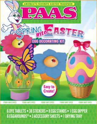 PAAS Spring Into Easter Egg Decorating Kit, Easter Egg Dye Kit with Stickers & Eggarounds, Food Grade Dye, Easter Stickers, Colorful EggArounds