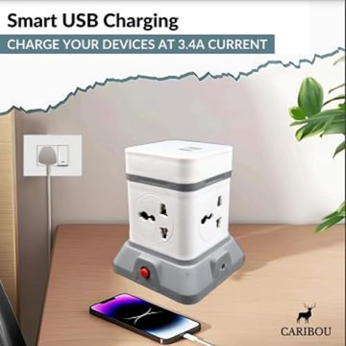 Image of Caribou CBU-34 Cube Extension Board with USB 2.4A | 4 Universal Sockets| Overload Protector | Led Indicator| 2.0 mtr ISI Approved Extension | Multi-Plug| Made in India | 3pin Plug | Travel Adapter