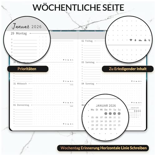 kalender 2026 - Terminplaner 2026 von Januar 2026 bis Dezember 2026, Kalender 2026 Buchkalender, Wochenplaner 2026 mit Innentasche, Elastischer Verschluss, 21.3 x 14.7cm