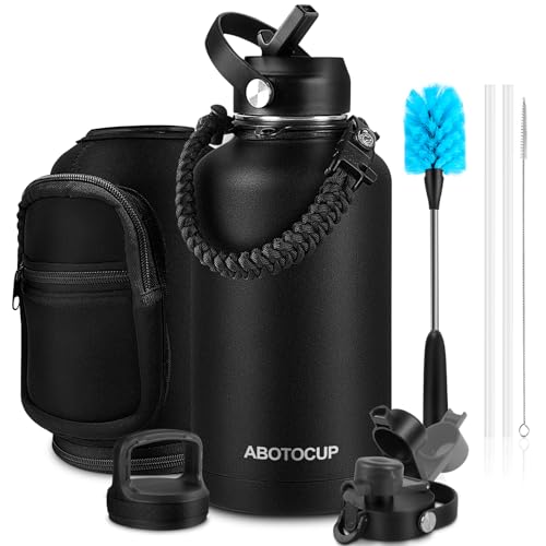 Image of ABOTOCUP 64oz Water Bottle with Powder Coated, Stainless Steel Insulated Water Bottle with Straw Lids&Paracord Handle, Half Gallon Water Bottle Double Wall Leak-proof BPA Free, Water Jug Keep Cold&Hot