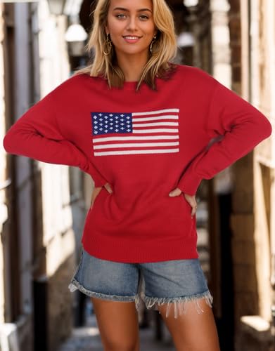 Image of Womens American Flag Sweater Crew Neck Casual Pullover Sweater