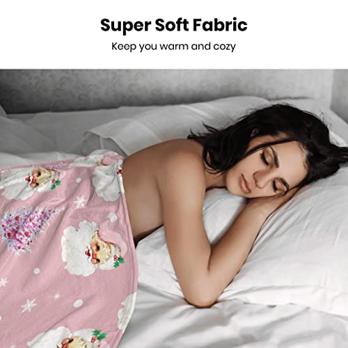 Soft Plush Christmas Blanket,Cute Santa Claus Pink Christmas Tree Snowflake Warm Throw Blanket For Couch, Seasonal Winter Xmas Holiday Blanket For Couch Bed Living Room 60"X50" #TOP3