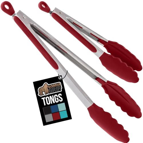 Image of GORILLA GRIP Stainless Steel Heat Resistant Kitchen Tongs for Cooking, 9 + 12 Inch, Set of 2 BBQ Tong, Non Scratch Silicone Tip for Pan, Strong Grip, Grab Food, Toss Salad, Air Fryer, Pull Lock, Red