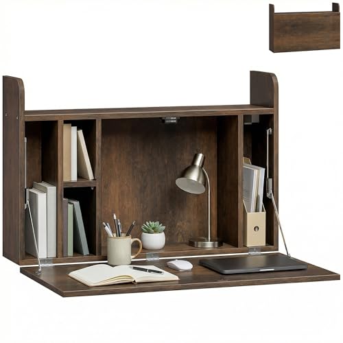 HOMCOM Wall Mounted Desk Drop Leaf Floating Laptop Desk with Space Saving Storage Compartments for Home Office and Study 77cm x 20cm x 51cm Dark Brown