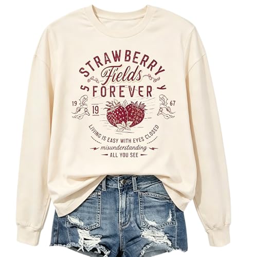 BOMYTAO Vintage Rock Band Sweatshirts for Women Fashion Country Music Pullover Beatle Strawberry Fields 1967 Long Sleeve Top(Khaki, XX-Large)
