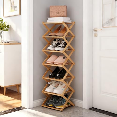 GAESHOW Étagère à Chaussures en Bambou Pliable 7 Niveaux, Range-Chaussures Etroite Haute pour Petits Espaces, Gain de Place sans Installation, Meuble...