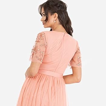 Maya Deluxe Maxi-jurk voor dames, baljurk voor bruiloft, gast, versierd met strikband, V-hals, bruidsmeisje, gala, avondgelegenheid, Fuchsia, 36