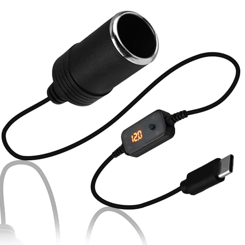Spina USB C su presa accendisigari da 12 V, adattatore con display a LED e interruttore, tensione regolabile 5 V, 9 V, 12 V, 15 V, 20 V, USB C, adattatore per accendisigari, per GPS, dashcam