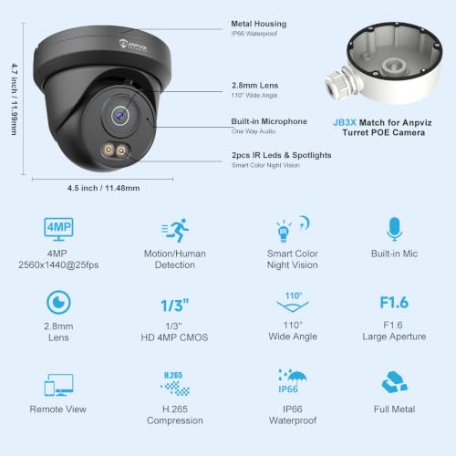 Image of Anpviz 4MP PoE Camera Black, Turret Security IP Camera Outdoor Wired | Al Human Motion Detection, Smart Color Night Vision, Built-in Mic, 2.8mm Lens@25FPS, NDAA, IPC-D3B43B-S (U Series)