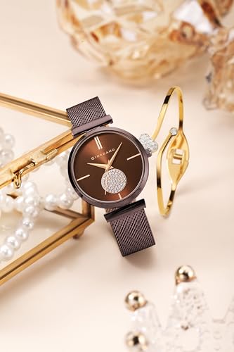 Image of Giordano Eleganza Analog Watch for Women - Round Dial with Crystal Studded Accents & Metallic Mesh Strap - Includes Matching Heart-Charm Gold-Tone Bangle