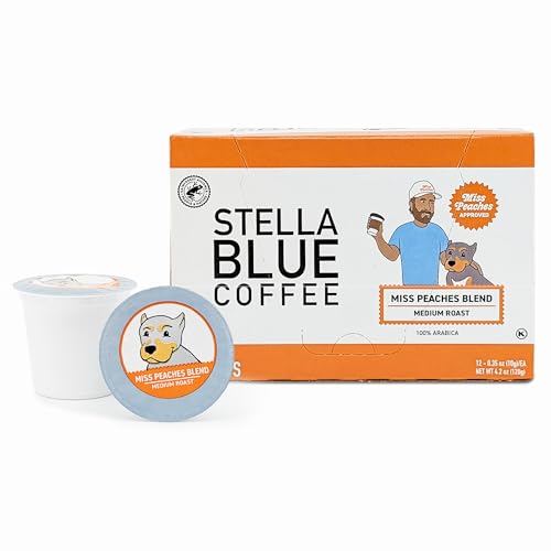 Stella Blue Coffee Pods, Miss Peaches Blend, Medium Roast Citrus Caramel, Fruity Notes 100% Arabica Beans, Ethically Sourced from Central and South America, 12 Recyclable K Cup Compatible Pods