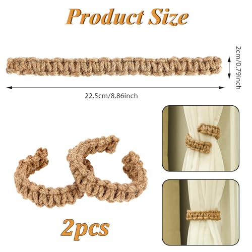 Ptwola Paquete de 2 alzapaños trenzados para cortinas, estilo bohemio, cuerda de cáñamo, elegante, soporte para cortinas rústicas, accesorios de gancho, sin taladro, para el hogar, al aire libre, - imagen 2