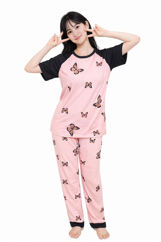 Image of Women's Pajama Set with Top & Pants|| Korean Night Wear|| Loose Fit Home Wear || Lightweight Printed Set || Soft & Comfy Girls & Women