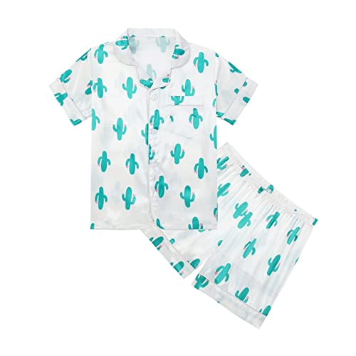 Boys Girls Satin 𝐏ajamas Set Button Short Sleeve Shorts Pants 𝐂actus Sl𝐞epwear 2Pcs Summer Cute Silk 𝐏js Loung𝐞wear
