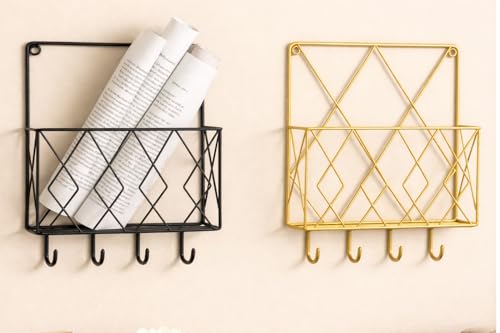 Image of CentraLit 2 Pieces Wall Decor Hanging File Magazine Holder with Hooks - Magazine Newspaper Rack Black Gold Combo File Storage Rack for Office - Home Decor Wall Art Display Rack for Organisation
