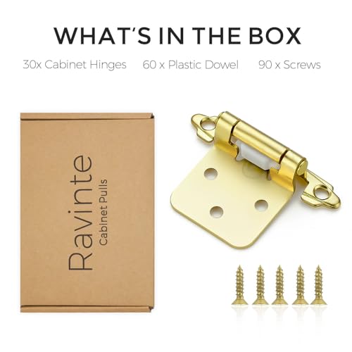 Image of Ravinte 30 Pack (15 Pairs) 1 /2 inch Overlay Cabinet Hinges, Self-Closing Semi-Concealed Face Mount, Satin Brass Decorative Hardware with Door Bumpers for Kitchen & Cupboard Doors, Gold