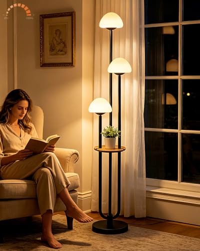 Image of 3 Light Mushroom Floor Lamp with Shelf, Dimmable Black Floor Lamp with Bulbs Included, 3000K Warm White Modern Standing Tall Floor Lamp for Living Room Bedroom Reading Sofa Beside Corner Decor