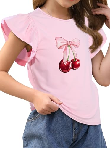 Image of Girls' Summer Shirts Cute Tops Ruffle Sleeve Crew Neck Casual Tees